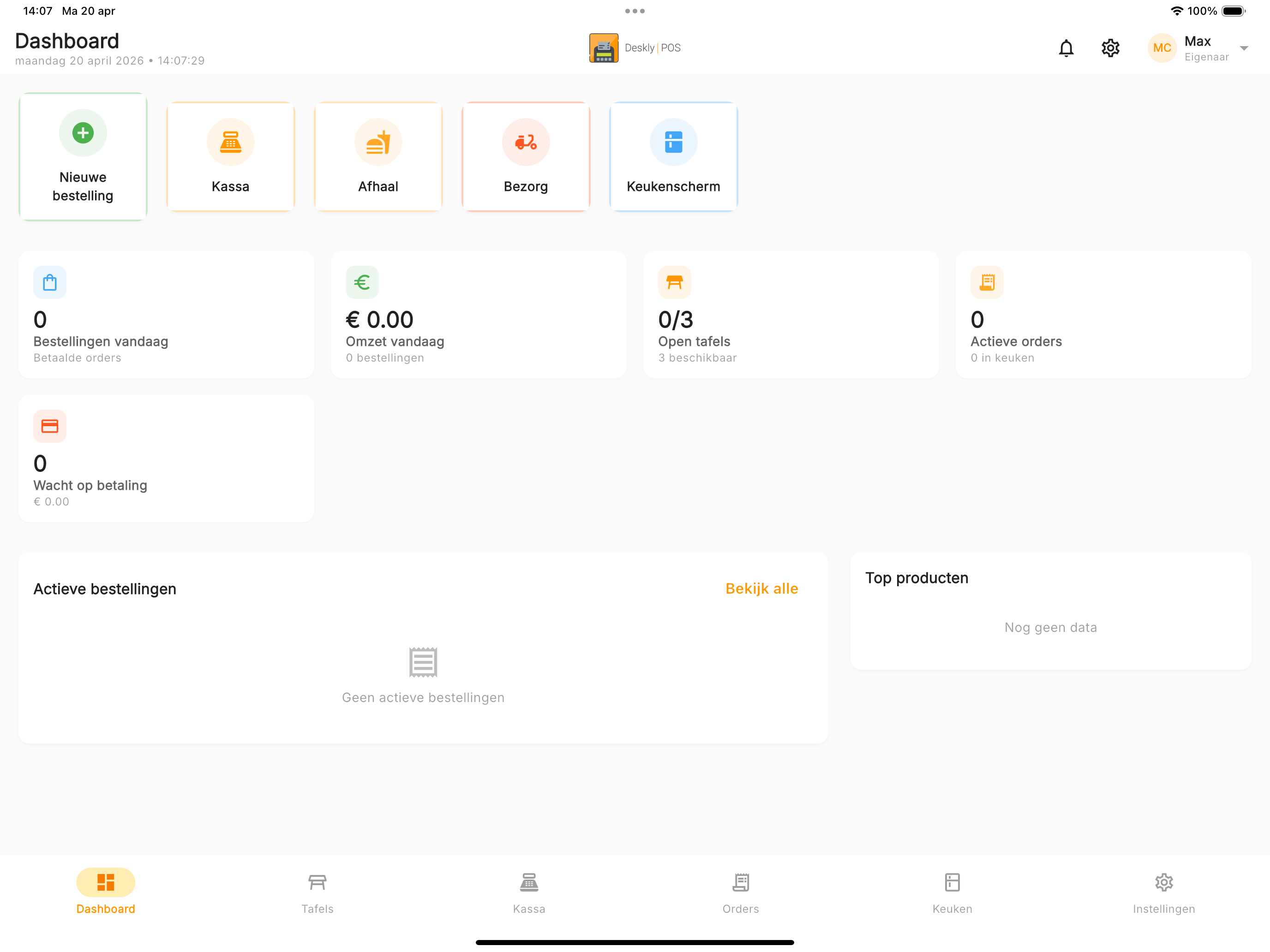 Deskly POS dashboard op iPad met volledige omzetinformatie
