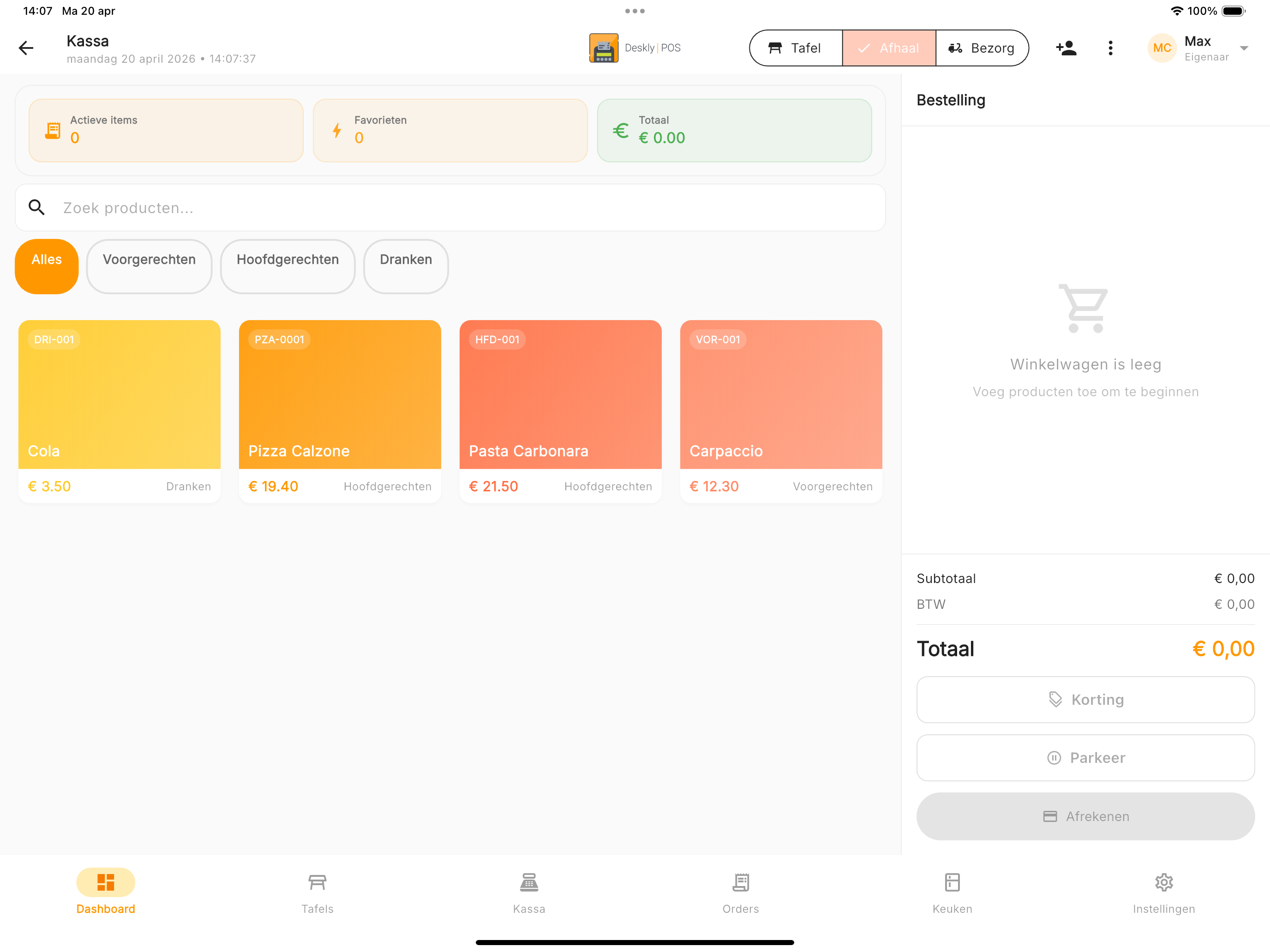 Deskly POS kassa-overzicht op iPad