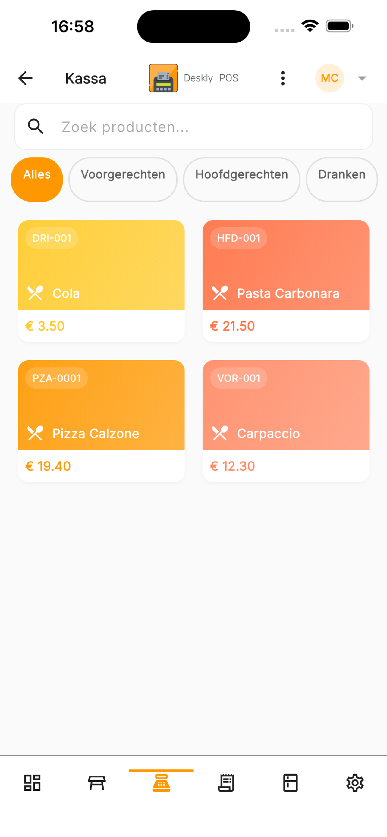 Het kassascherm van Deskly POS op iPhone