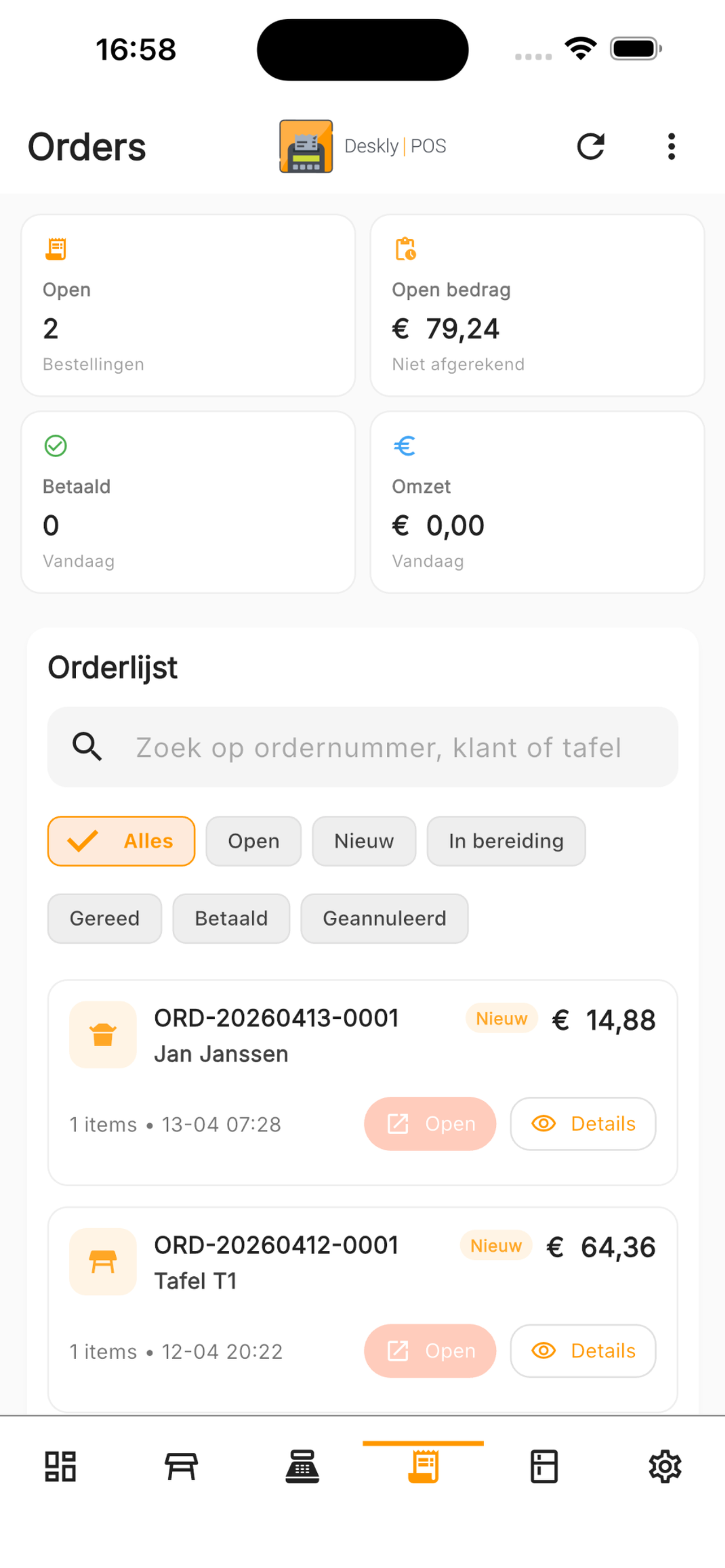 Bestellingen overzicht in Deskly POS